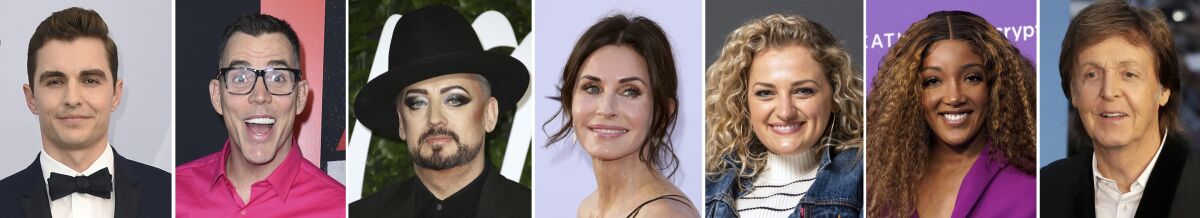 This combination photo of celebrities with birthdays from June 12 - June 18 shows Dave Franco, from left, Steve-O, Boy George, Courteney Cox, Ali Stroker, Mickey Guyton, and Paul McCartney (AP Photo)
