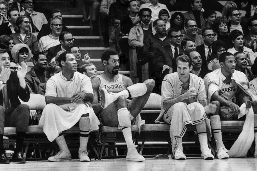 Dec. 20, 1968: Los Angeles Lakers from left: coach Bill Van Breda Kolf, Elgin Baylor, Wilt Chamberlain, Jerry West, Bill Hewitt, and Keith Erickson.