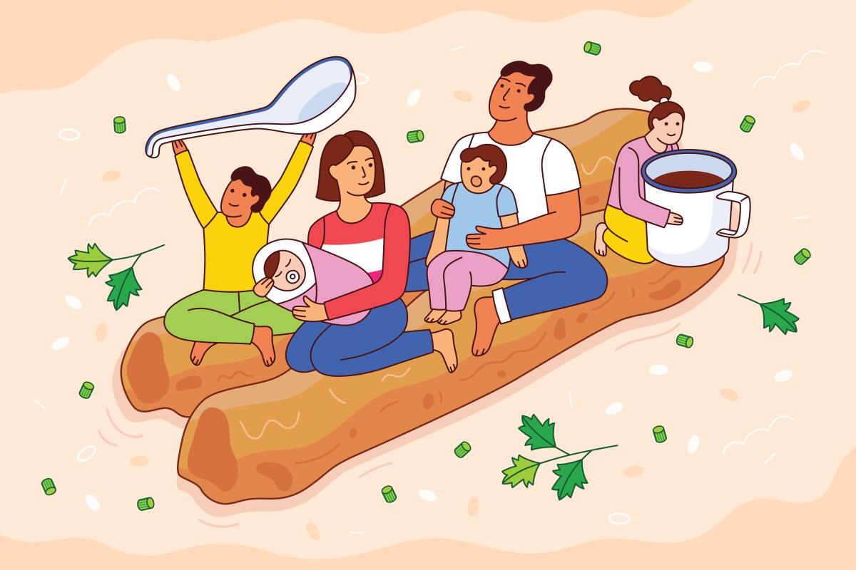 An illustration of a family seated on Chinese doughnuts.