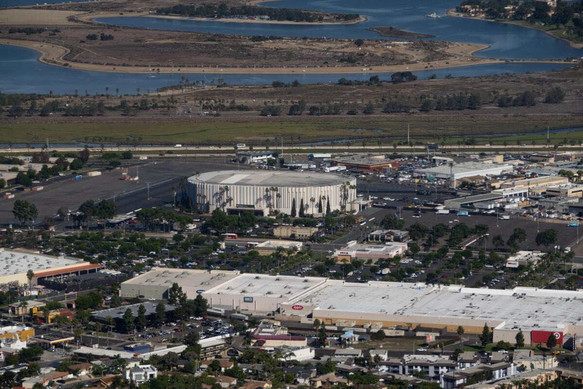 Aerial view of Pechanga Arena San Diego and surrounding areas.