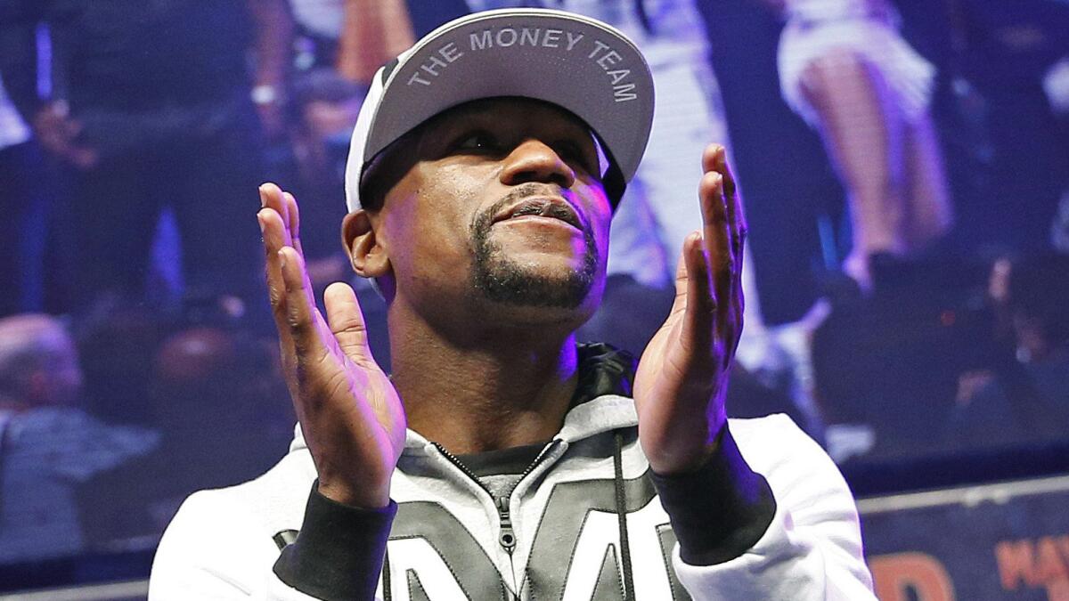 Floyd Mayweather Jr. at his arrival ceremony in Las Vegas on Tuesday to promote his Saturday title bout against Manny Pacquiao.