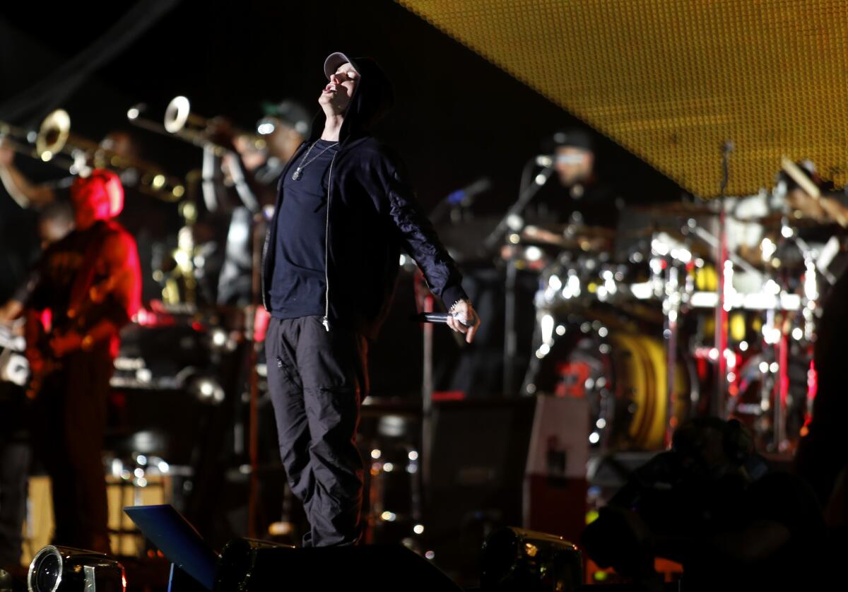 Eminem, shown here during a 2014 performance at the Rose Bowl, ripped through a six-minute freestyle rap on Wednesday that has gone viral.