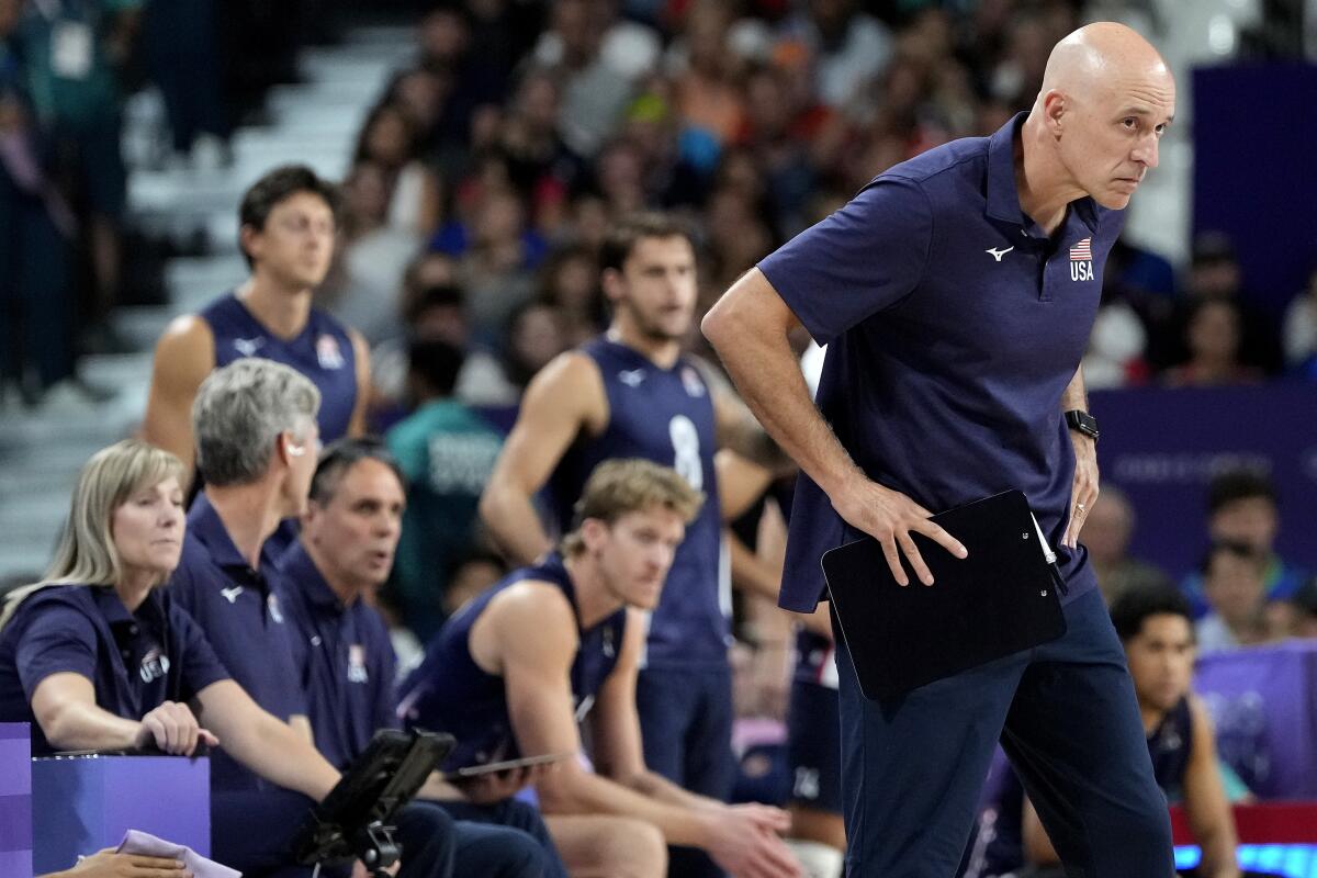 U.S. men's volleyball coach John Speraw watches during the final moments of a semifinal loss to Poland.