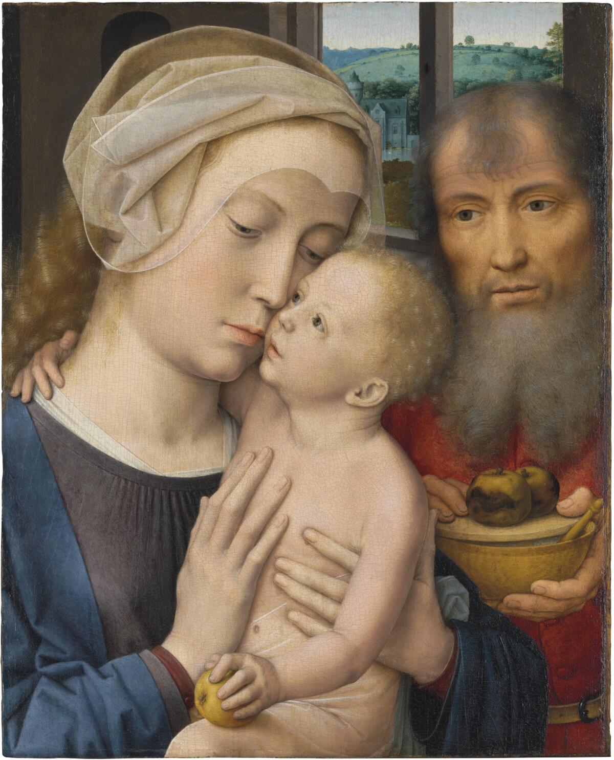 A vertical canvas shows the Virgin Mary holding an infant who clutches an apple as Joseph approaches with a bowl.