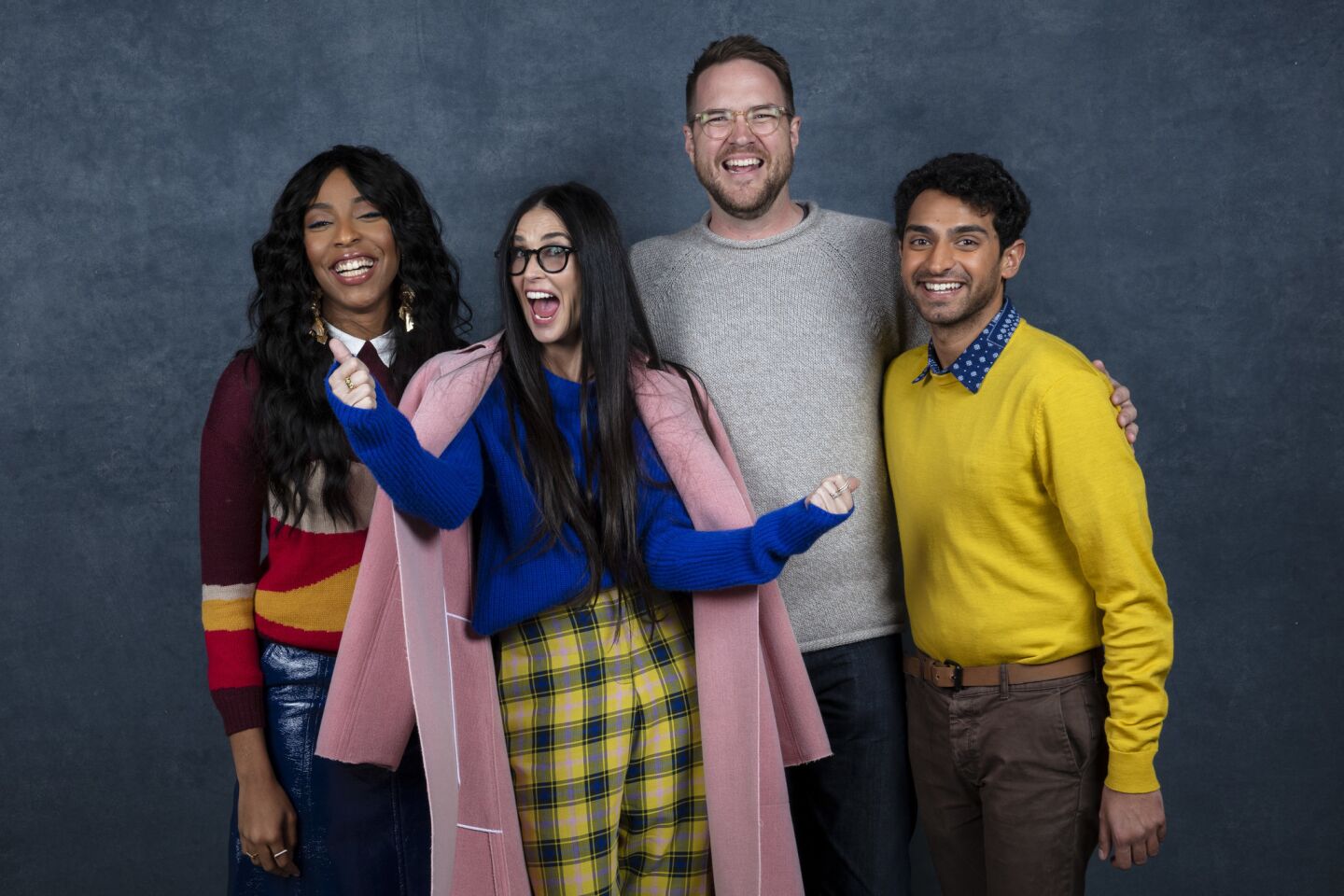 Actors Jessica Williams and Demi Moore, director Patrick Brice and actor Karan Soni from the film "Corporate Animals."