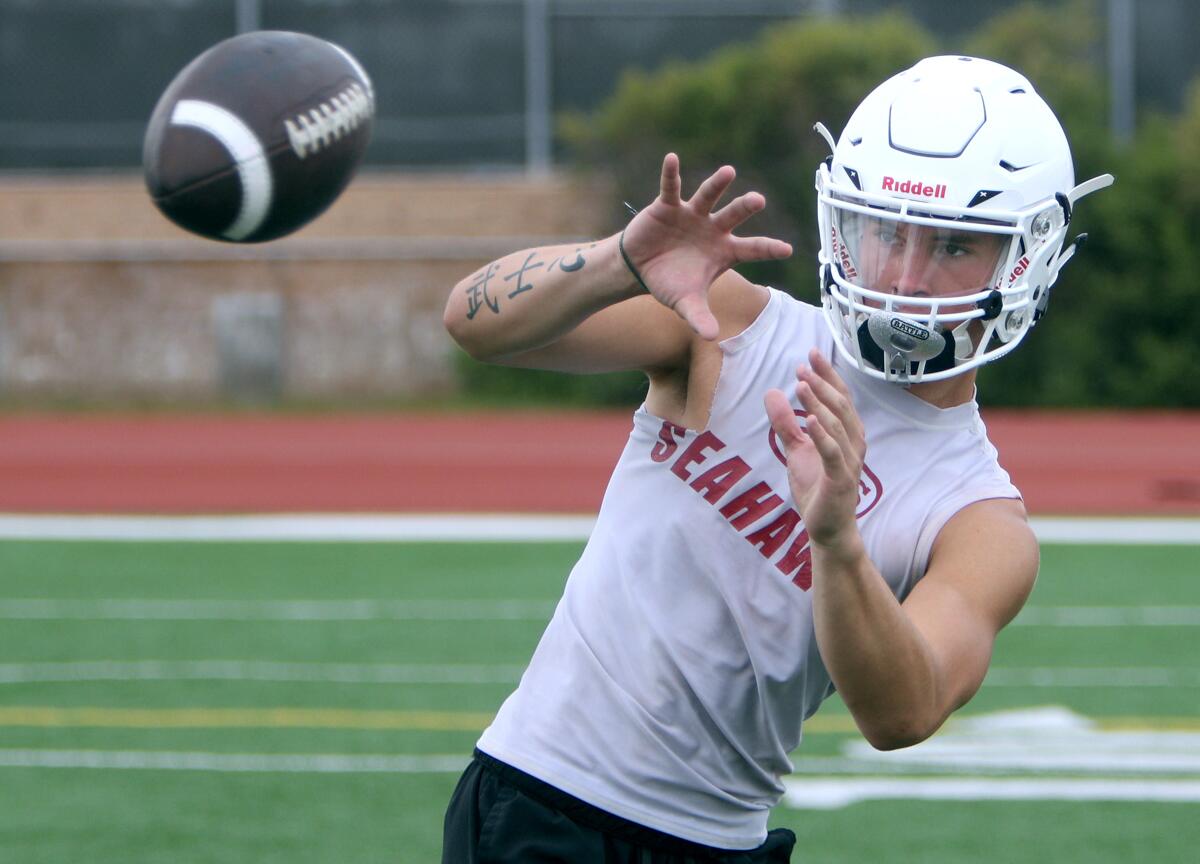 Brandon Alcaraz, shown catching a pass during an Ocean View practice on Aug. 7, made the All-Pac 4 second team in 2018.