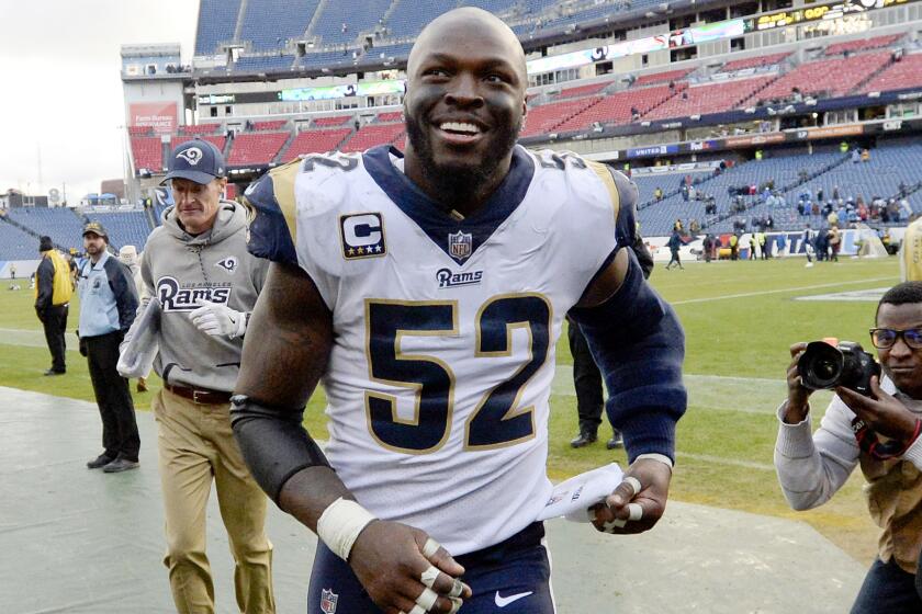 Los Angeles Rams inside linebacker Alec Ogletree leave the field after an NFL football game against the Tennessee Titans Sunday, Dec. 24, 2017, in Nashville, Tenn. The Rams won 27-23. (AP Photo/Mark Zaleski)