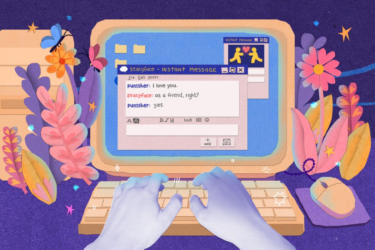 Hands type out messages on a laptop.