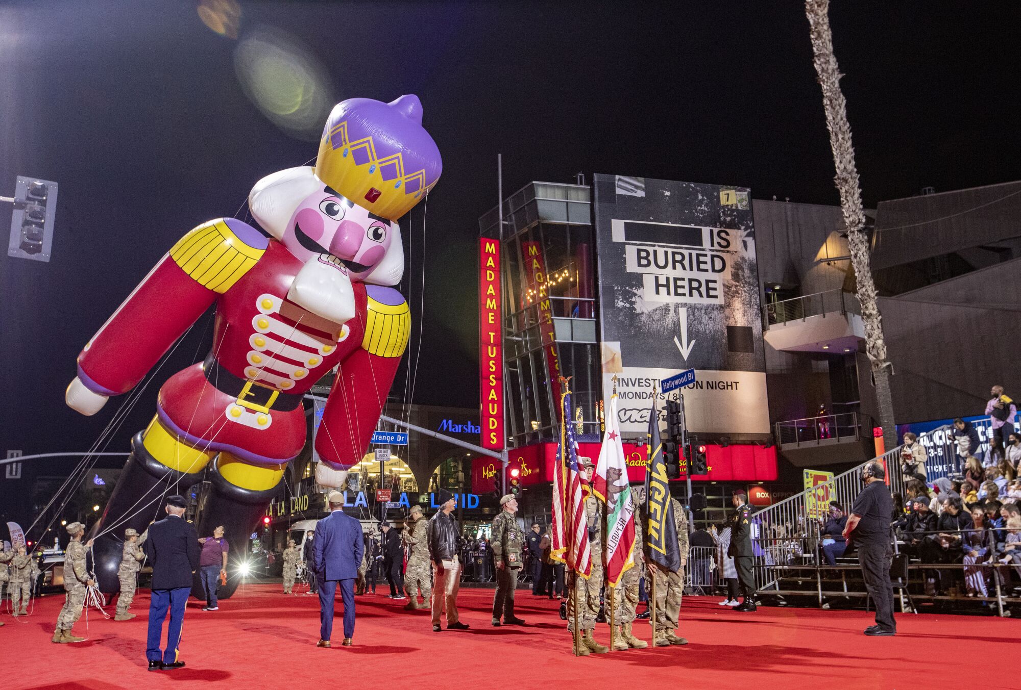 Army Rangers set up a four-story "Nutcracker" parade float on the red carpet