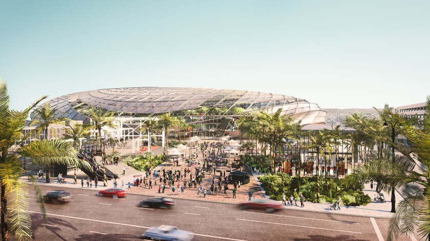 A rendering of the proposed arena for the Clippers in Inglewood.