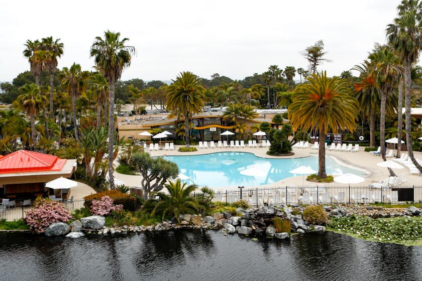 San Diego, CA - April 25: The main pool and the lily pond at Paradise Point Resort as seen from the Observation Tower on Tuesday, April 25, 2023 in San Diego, CA. (Meg McLaughlin / The San Diego Union-Tribune)