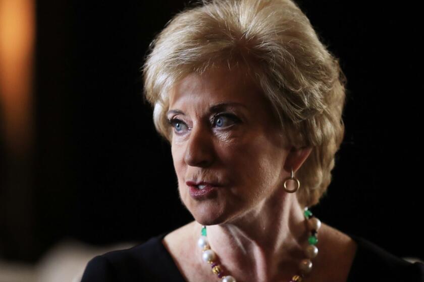 Small Business Administration Administrator Linda McMahon speaks during a news conference with President Donald Trump in Trump's Mar-a-Lago estate in Palm Beach, Fla., Friday, March 29, 2019. (AP Photo/Manuel Balce Ceneta)