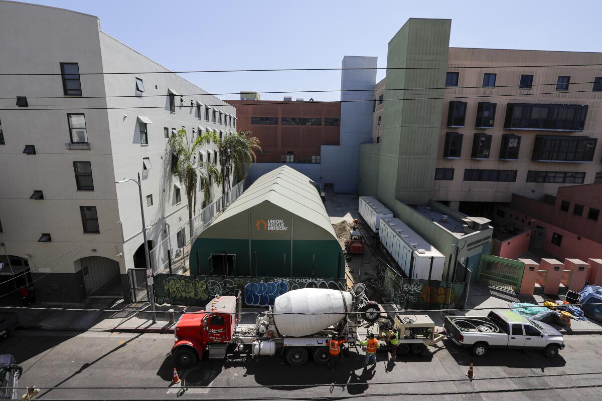 A large "membrane tent" at Union Rescue Mission will be used as a shelter for homeless people in Los Angeles.