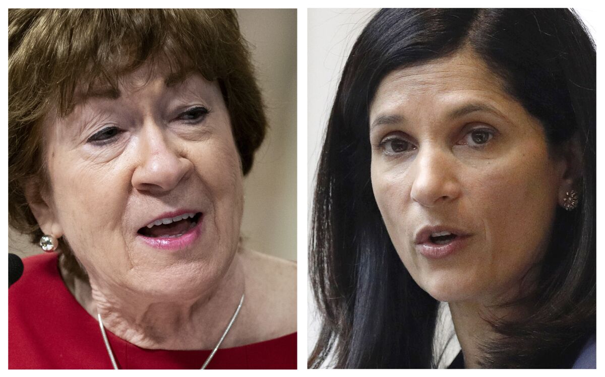 FILE - This pair of 2020 file photos shows incumbent Republican U.S. Sen. Susan Collins, left, and Maine Democrat House Speaker, right, candidates for U.S. Senate in the Nov. 3 election. (AP Photos, File)