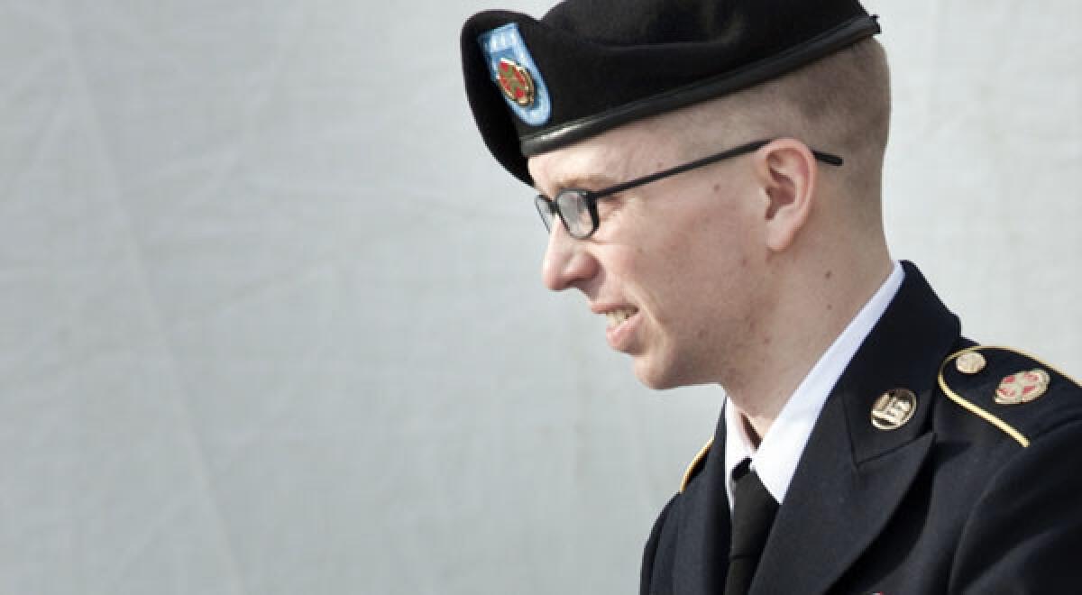 U.S. Army Pfc. Bradley Manning after a hearing at Ft. Meade in Maryland.