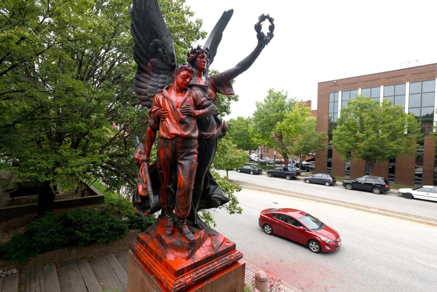 The Confederate Soldiers and Sailors Monument on Mount Royal Avenue is one of several Confederate statues being considered for possible removal by the city. It was vandalized Saturday with red paint. The "Spirit of the Confederacy" statue was erected in 1903.