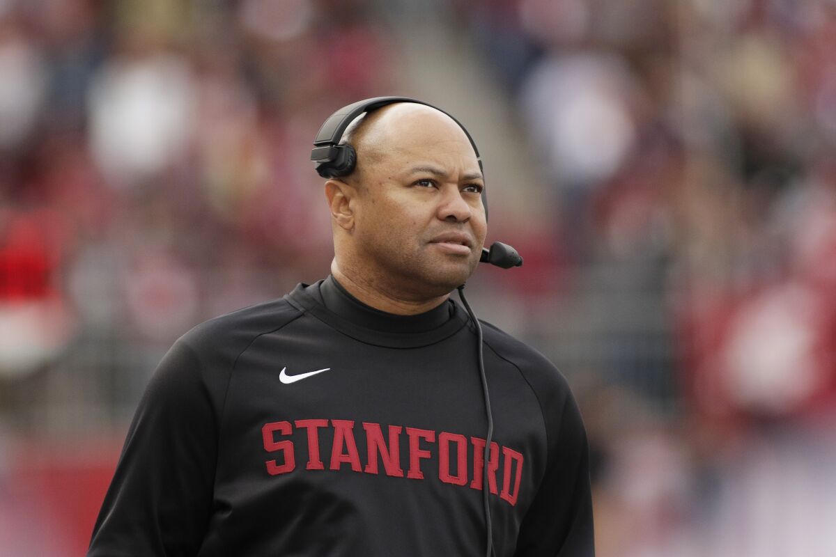 Stanford coach David Shaw looks on during a game.