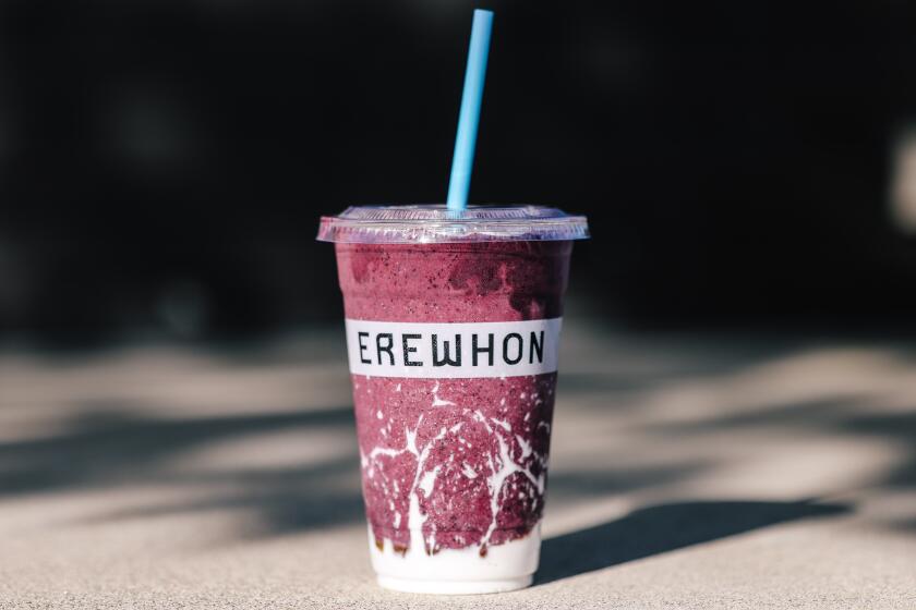 Los Angeles, CA - July 17: Dr. Pauls Raw Animal-Based Smoothie made with organic raw kefir milk beef organs immuno milk blueberries honey bananas sea salt and maple is photographed outside Erewhon in Culver City on Wednesday, July 17, 2024 in Los Angeles, CA. (Dania Maxwell / Los Angeles Times)