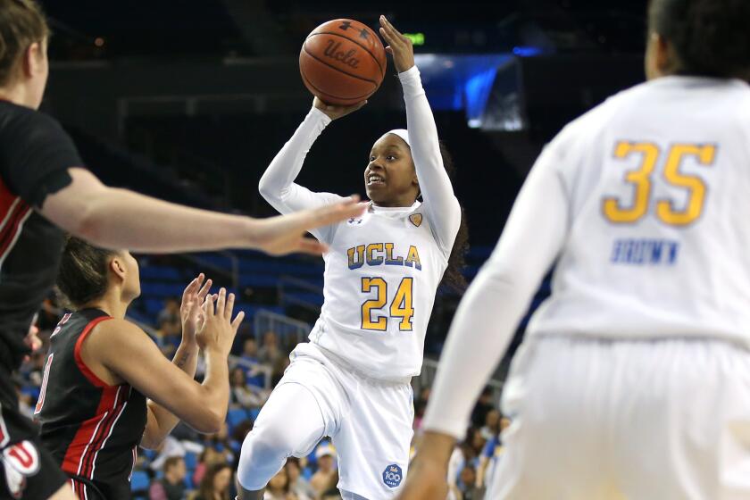 LOS ANGELES, CALIFORNIA - MARCH 01: Japreece Dean #24 of the UCLA Bruins shoots the ball during the fourth quarter against the Utah Utes at Pauley Pavilion on March 01, 2020 in Los Angeles, California. (Photo by Katharine Lotze/Getty Images)