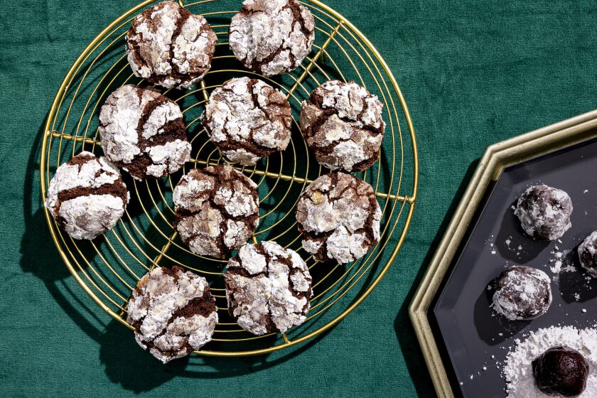 LOS ANGELES, CALIFORNIA, Nov. 22, 2021: Vegan Salty Black-and-White Chocolate Crinkle Cookies from Ben Mims' vegan and a glutten-free holiday selection, photographed on Monday, Nov. 22, 2021, at Proplink Studios in Arts District Los Angeles. (Photo / Silvia Razgova / For the Times, Prop Styling Kate Parisian) ATTN: 876718-la-fo-holiday-cookies