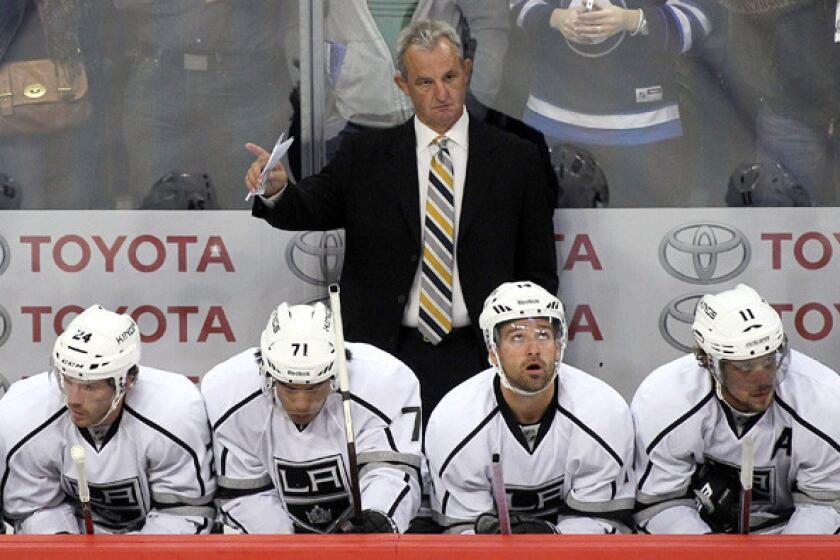 Kings Coach Darryl Sutter gives the teeam some direction during a game earlier this season.
