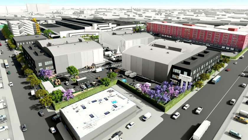 A rendering of warehouse-like structures