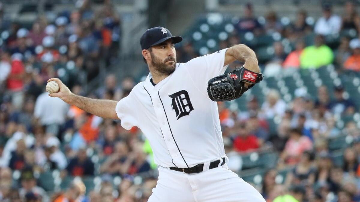 Tigers right-hander Justin Verlander pitches against the Angels during the first inning Friday in Detroit.