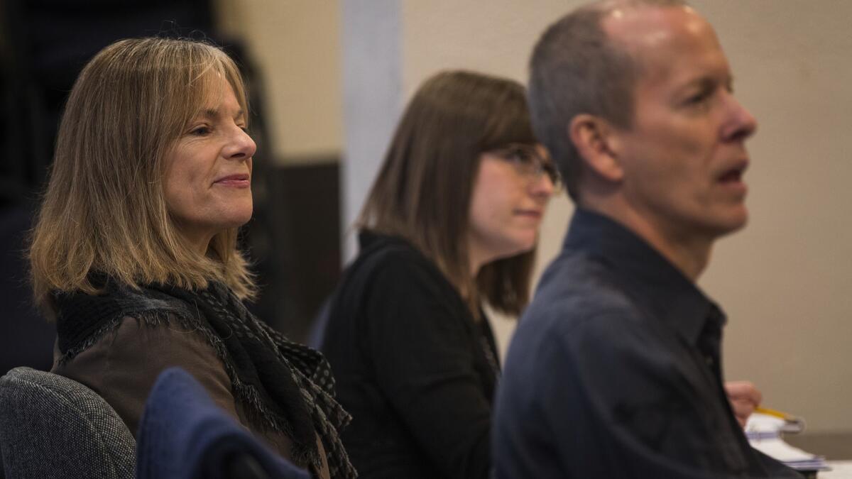 Amy Freed, left, and director Art Manke watch a rehearsal for her play "Shrew!" at South Coast Repertory.