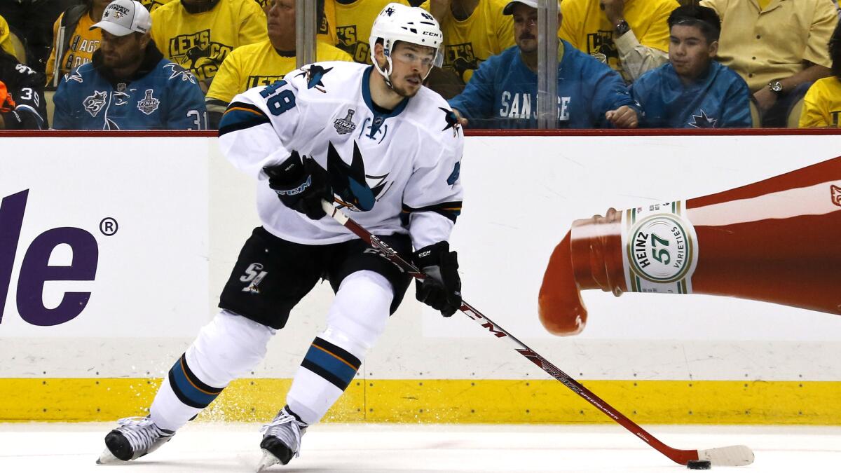 Sharks left wing Tomas Hertl looks to make a pass during Game 1.