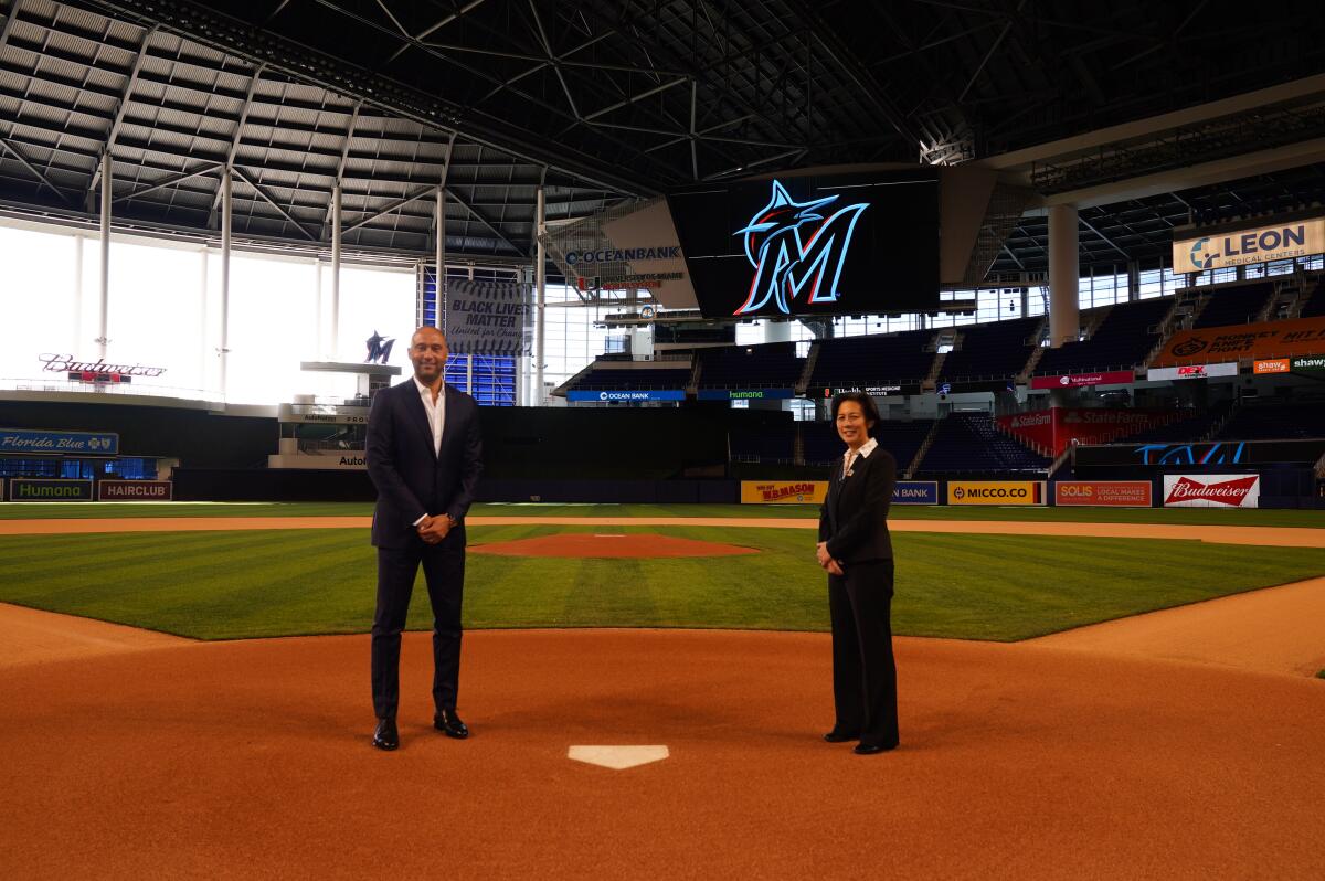 Miami Marlins chief executive officer Derek Jeter with new general manager Kim Ng at Marlins Park.