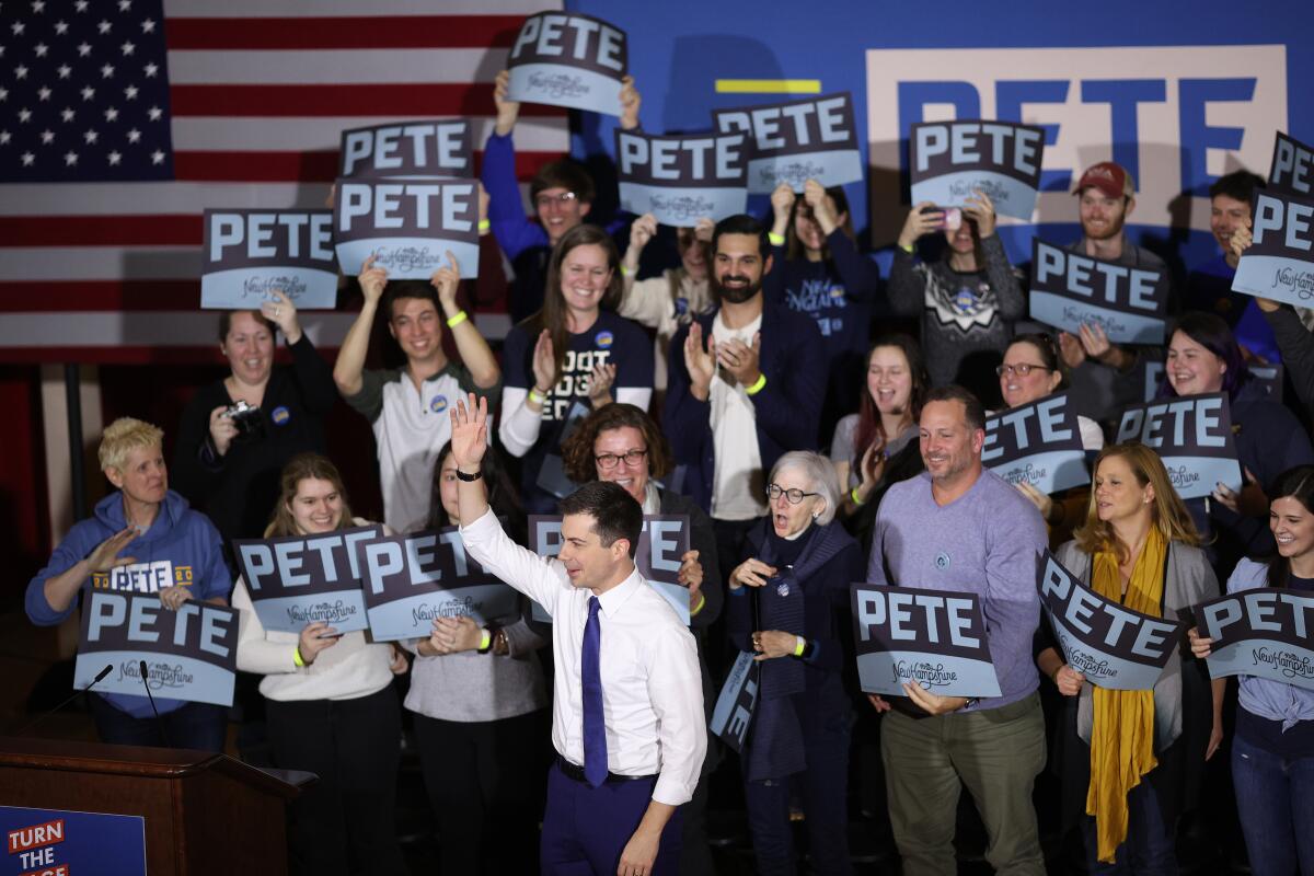 Democratic presidential candidate Pete Buttigieg arrives at a campaign event in Keene, N.H. The state holds its primary Feb. 11. 