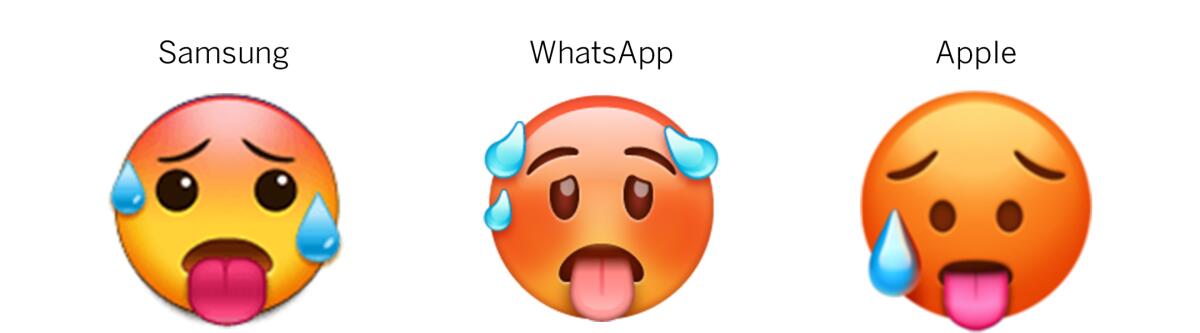 A comparison of three hot-face emoji from Samsung, WhatsApp and Apple