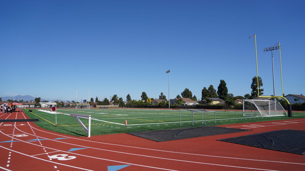 The new nine-lane, all-weather track and turf field at Los Amigos High on Monday.