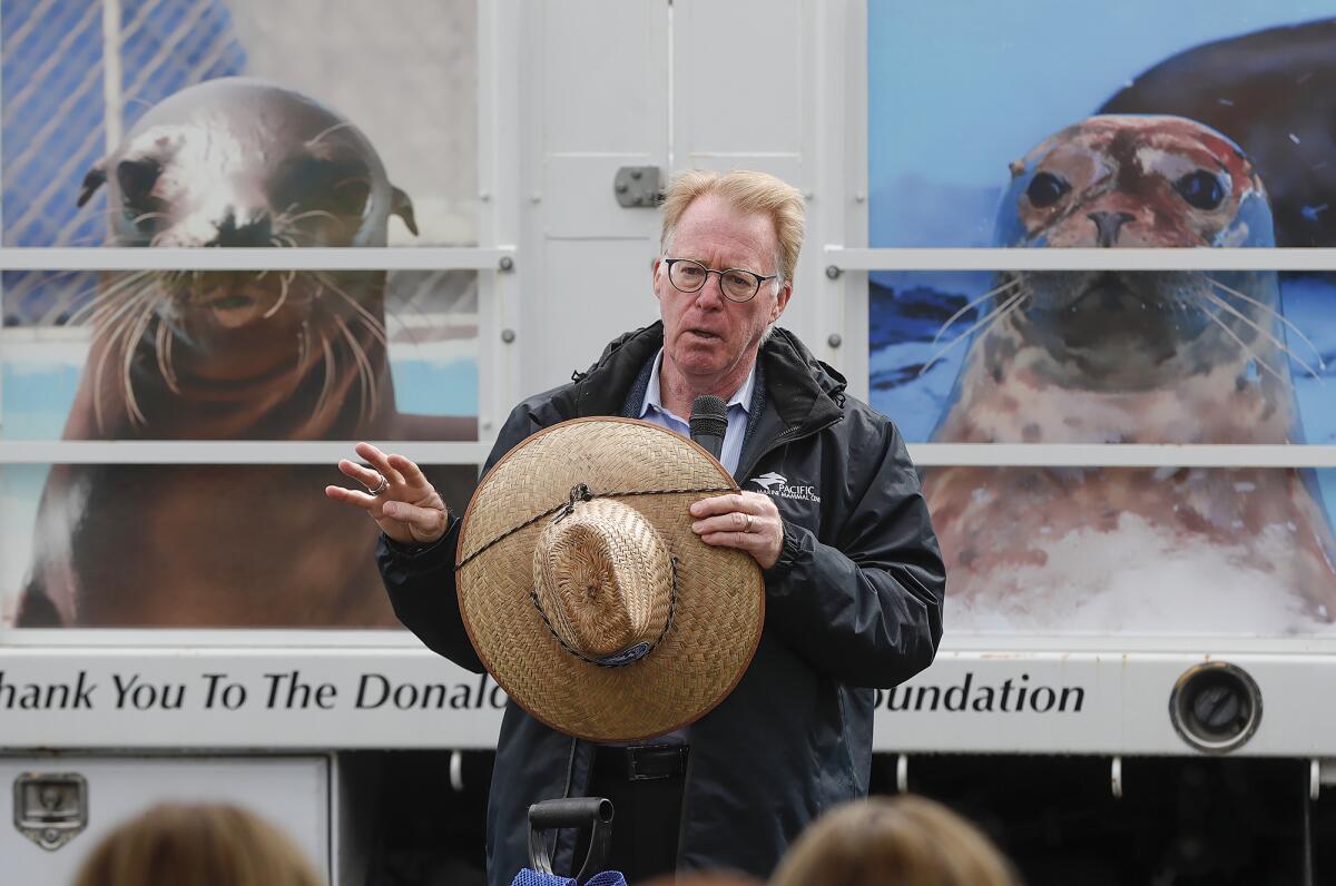 Pacific Marine Mammal Center CEO Glenn Gray makes comments during a ground breaking ceremony on Wednesday in Laguna Beach.