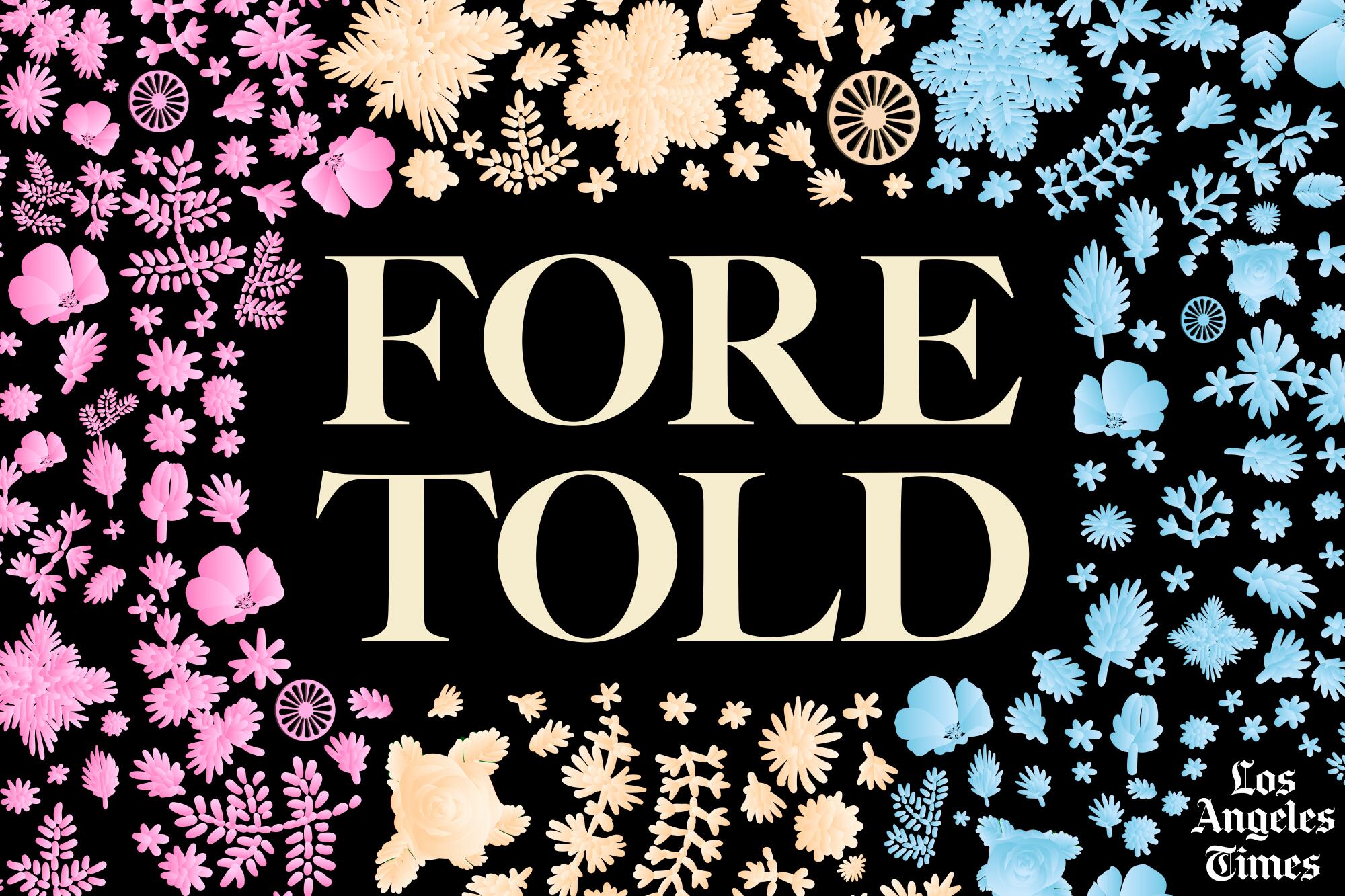 The "Foretold" logo surrounded by flowers and Romani wheels in pastel colors.