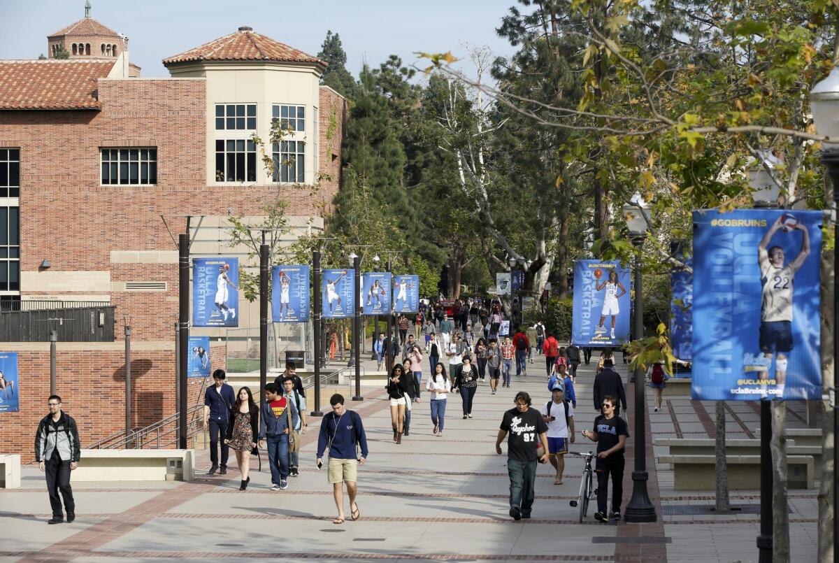 Students walk on the UCLA campus in February 2015.