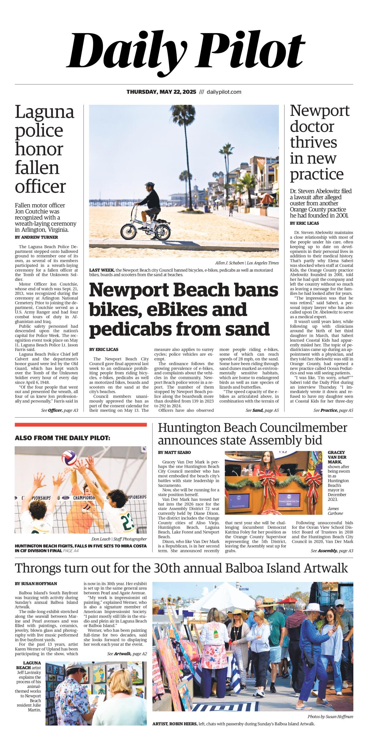 Front page of the Daily Pilot e-newspaper for Thursday, May 22, 2025.