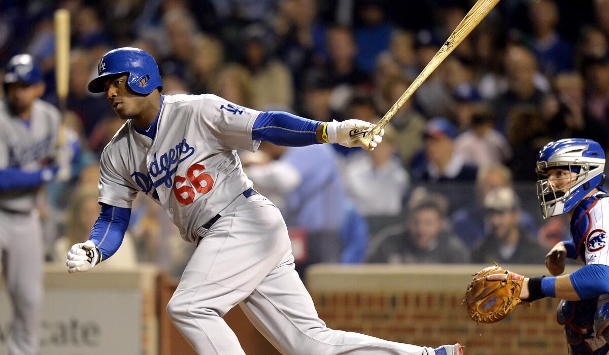 Dodgers center fielder Yasiel Puig had three hits, drove in a run and scored once in the 8-4 victory over the Cubs on Thursday night in Chicago.