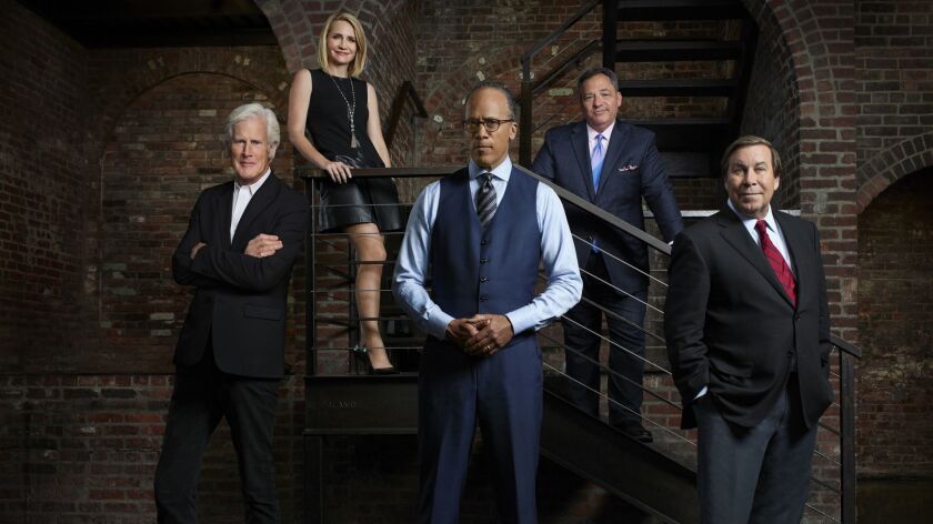 Keith Morrison, from left, Andrea Canning, Lester Holt, Josh Mankiewicz and Dennis Murphy on the set of NBC's "Dateline."