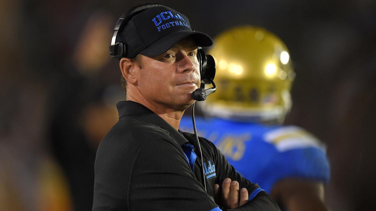 UCLA Coach Jim Mora looks on during a 42-35 win over Memphis on Saturday. Mora sees at least four areas the Bruins need to approve on in the games ahead.