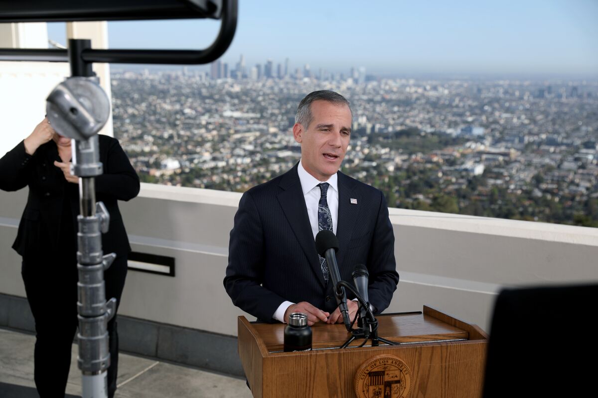 Mayor Eric Garcetti delivering his State of the City address from the Griffith Observatory in April.