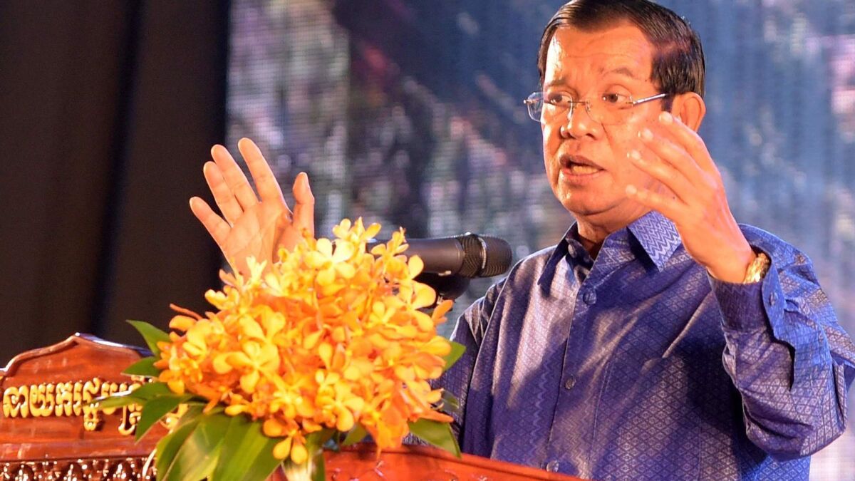 Cambodian Prime Minister Hun Sen speaks during a ceremony at the National Olympic Stadium in Phnom Penh on July 15, 2018.