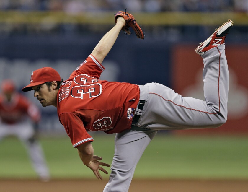 Angels pitcher C.J. Wilson gave up six runs and six hits in 1 1/3 innings of a 10-3 loss to the Tampa Bay Rays in Tropicana Field on Saturday night.
