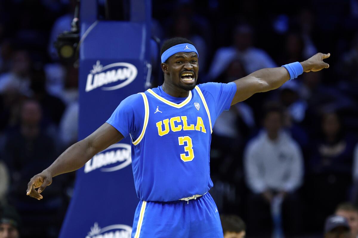 UCLA's Adem Bona gestures during a loss to Villanova on Saturday.