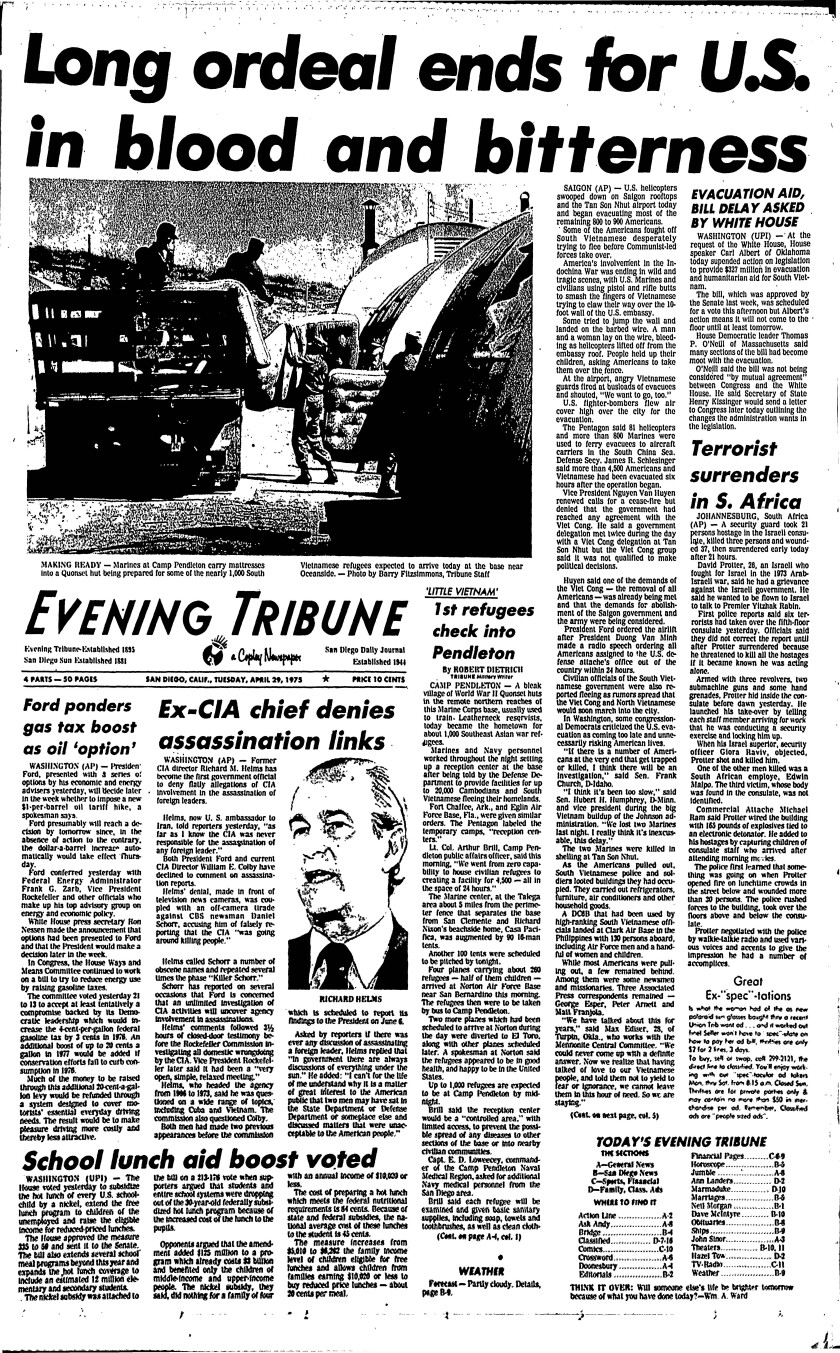 Front page of the Evening Tribune, Tuesday, April 29, 1975.
