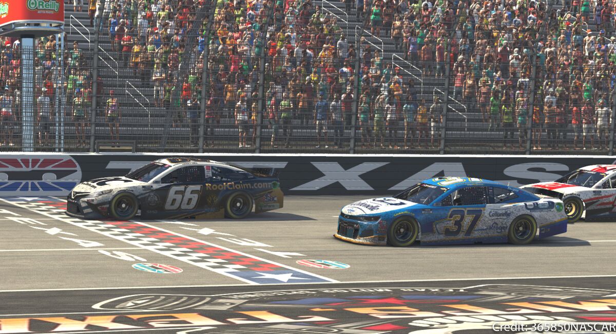 Timmy Hill beats Ryan Preece to the checkered flag.