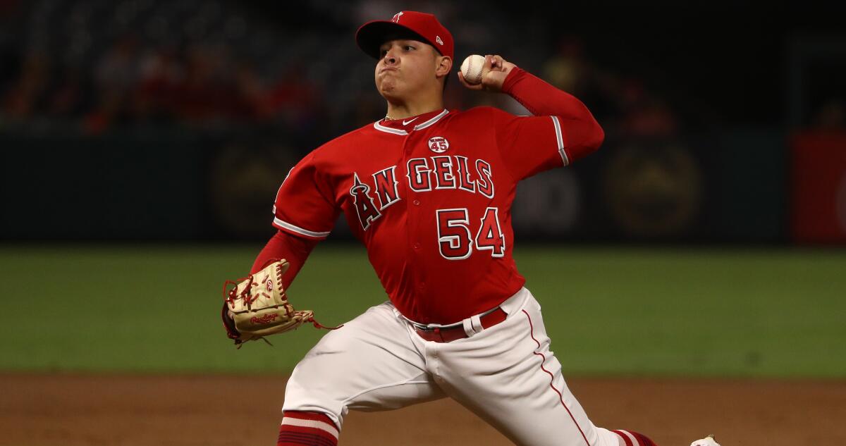 Angels pitcher Jose Suarez pitches in the second inning against the Cleveland Indians at Angel Stadium on Sept. 10, 2019.