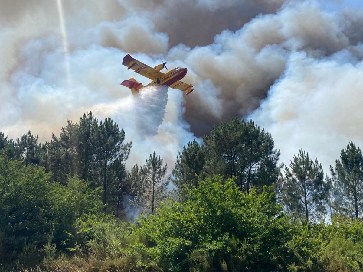 This photo provided by the fire brigade of the Gironde region (SDIS 33) shows a Canadair plane fighting wildfire near La Teste-de-Buch, southwestern France, Saturday, July 16, 2022. Strong winds and hot, dry weather are frustrating French firefighters' efforts to contain a huge wildfire that raced across pine forests in the Bordeaux region Saturday for a fifth straight day, one of several scorching Europe in recent days. (SDIS 33 via AP)