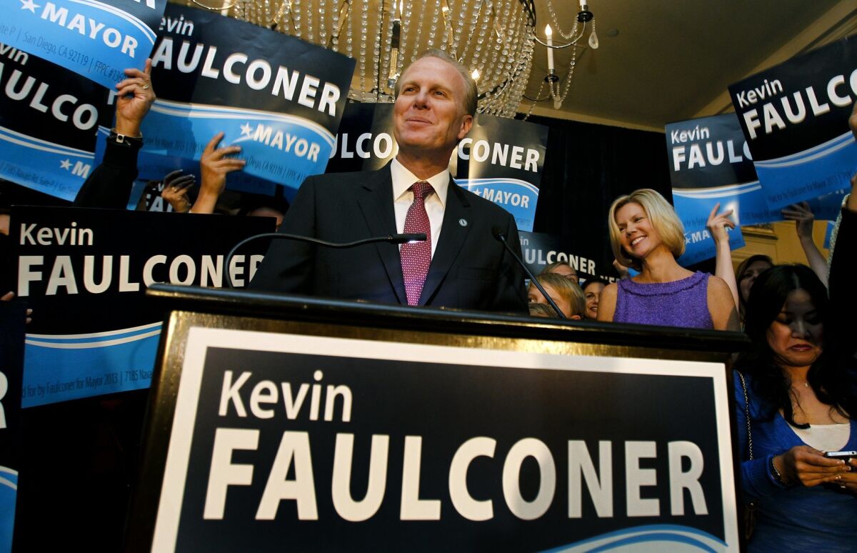 San Diego City Councilman Kevin Faulconer, candidate for mayor. With him are his wife, Katherine, daughter, Lauren, and son Jack. — Howard Lipin / UT San Diego