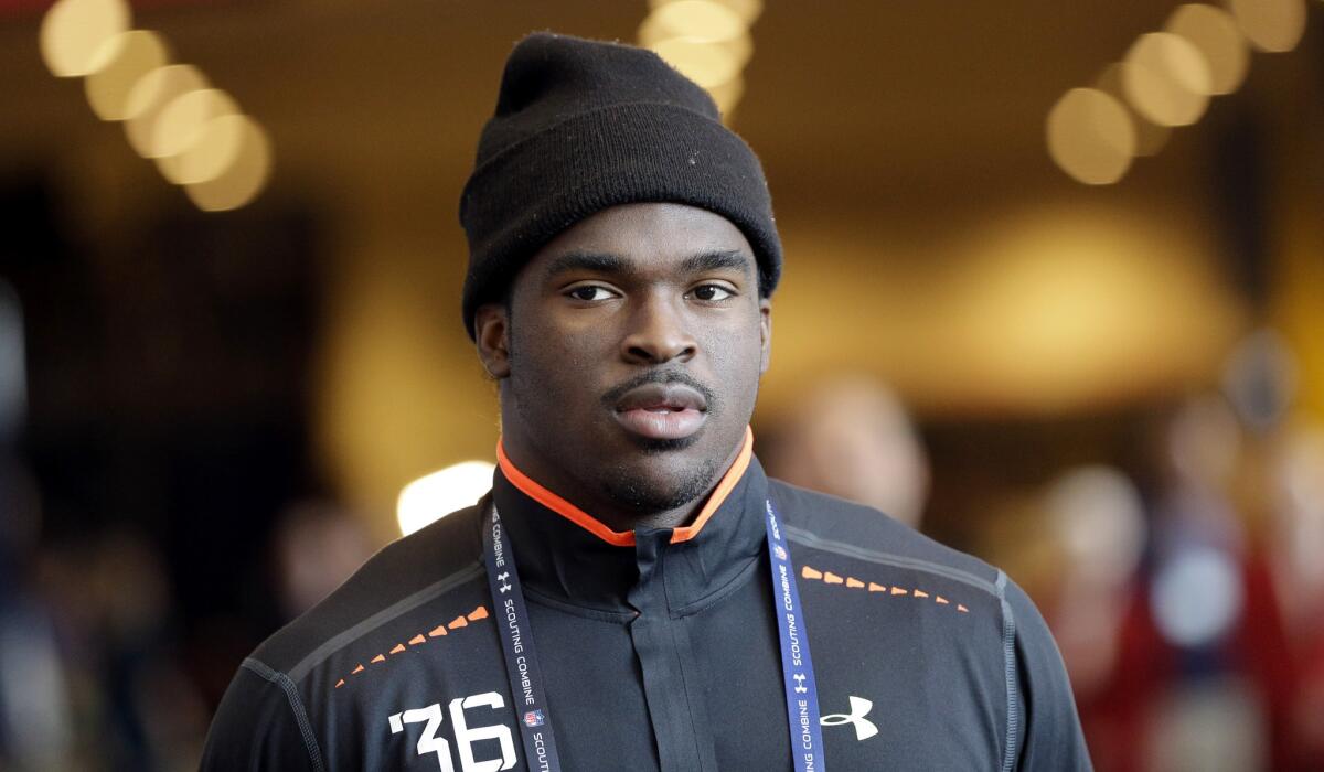 Central Florida wide receiver Breshad Perriman makes his way to the interview room at the NFL combine on Feb. 19 in Indianapolis.